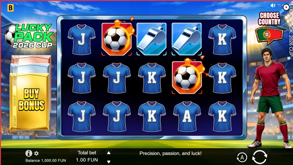 Tampilan visual slot Lucky Pack 2026 Cup dengan tema stadion sepak bola yang meriah