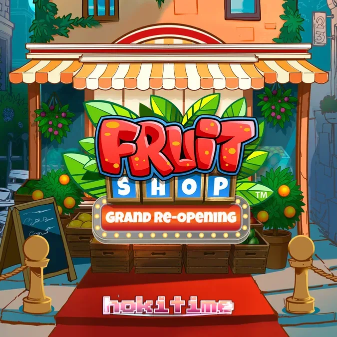 Tampilan visual slot Fruit Shop Grand Re-Opening dengan simbol buah klasik dan elemen modern.